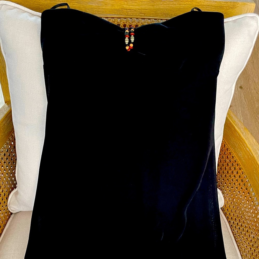 Vintage Laundry 3/4 length strapless black dress with shell embellishments.